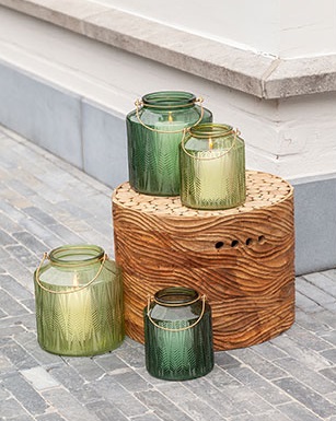 Lanterne, Ø14x14x6cm, glas, mørkegrøn, guld hank, (4 stk.) - Lanterne, Ø14x14x6cm, glas, mørkegrøn, guld hank, (4 stk.)