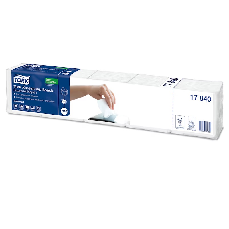 Dispenserserviet, Xpressnap, Snack, hvid, 21,60x21,6cm, 1-lag, universal, N10, 17840, Tork, 8 poser á 1125 ark, (9000 ark) - Dispenserserviet, Xpressnap, Snack, hvid, 21,60x21,6cm, 1-lag, universal, N10, 17840, Tork, (1125 stk.)