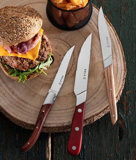 Steak knive, rustfristål, WOOD, SOLA, i trææske, 1 æske med 6 stk, (1 pakke) - Steak knive, rustfri stål, SOLA WOOD, i trææske, (6 stk.)