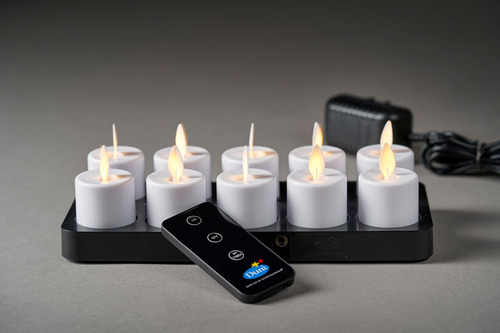 LED fyrfadslys m/ bevægelig flamme, genopladelige, varm hvid, 38xØ36mm, 25t, Duni Moving Flame, (5 stk.) - LEDlys sæt, Moving Flame, genopladelige, varm hvid, 38xØ36mm, 25t, (5 stk.)