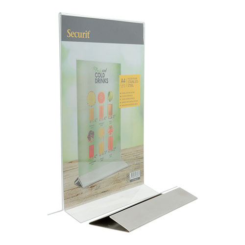 Bordrytter, med rustfri stålfod, Securit, A4, akryl/rustfri stål, (1 stk.) - Borddisplay med rustfri stålfod, Securit, A4, akryl/rustfri stål, (1 stk.)