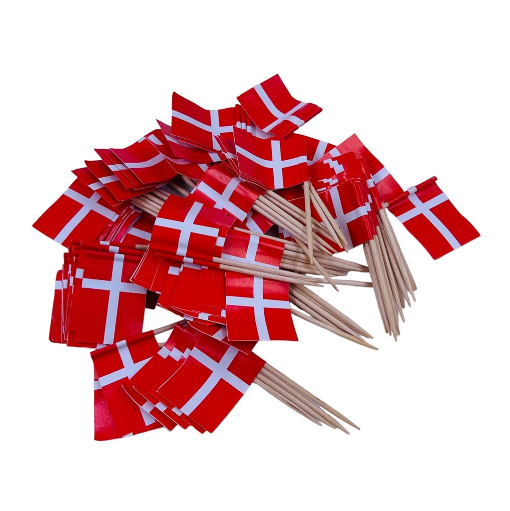 Kageflag - små dannebrogsflag på pind, 3,5x7cm, papir, rød & hvid, (12 pk á 40 stk., 480 stk.) - Dannebrogsflag - kageflag