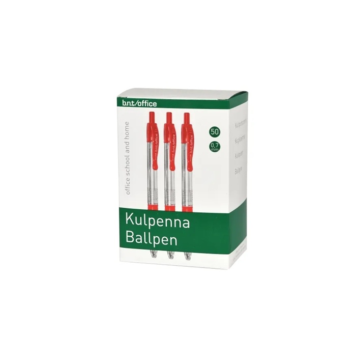Kuglepen, m.trykknap, rød, stregbredde 0,07cm, BNT, (50 stk.) - Kuglepen BNT Office 0,7mm rød m/trykknap
