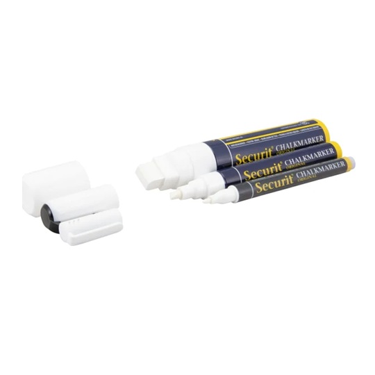 Kridtmarker med rund spids: 1-2 mm/skrå spids: 2-6 mm/blokspids: 7-15 mm skrivebredde, Securit, Original, flydende kridt, hvid, (5 stk.) - Securit SMAMIX Kridtmarker