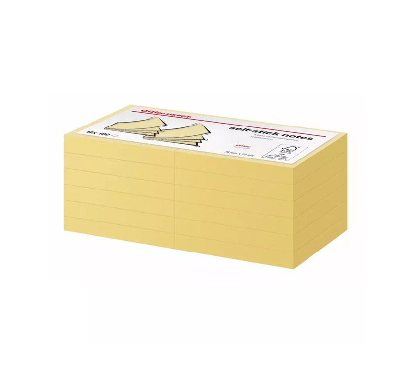 Notesblok, stickynote, 7,6x7,6cm, gul, 100 ark pr blok, (12 blokke.) - Stick'N 21007