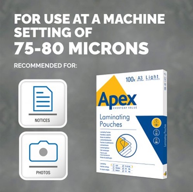 Lamineringslomme, A3, 75/80mic, 100stk/pak, Apex, (1 stk.) - Apex 6001901