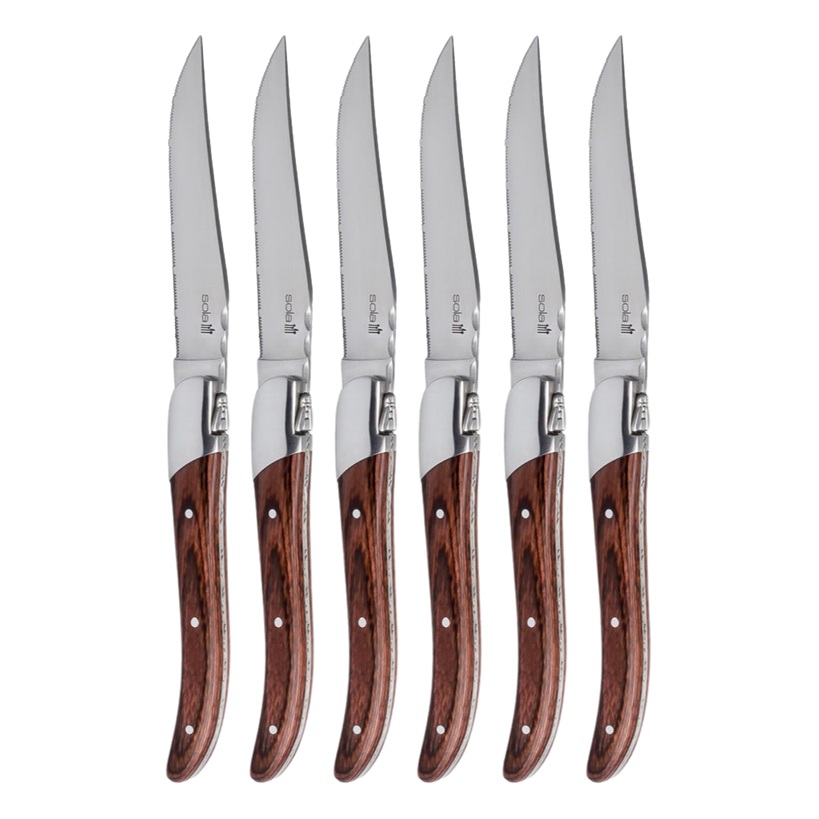 Steak knive, rustfristål, SILVER, SOLA, i trææske, 1 æske med 6 stk, (1 pakke) - Steak knive, rustfristål, SILVER, SOLA, 6 stk.