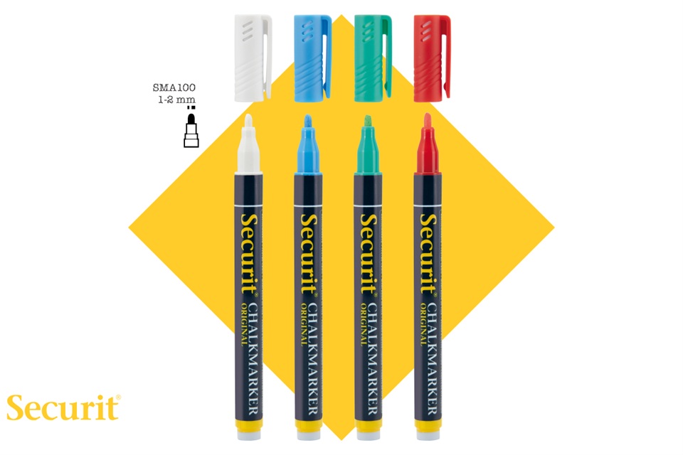 Kridtmarker med rund spids: 1-2 mm skrivebredde, Securit, Original, flydende kridt, hvid/blå/grøn/rød, i blisterkort, (4 stk.) - Securit BL-SMA100-V4-COL