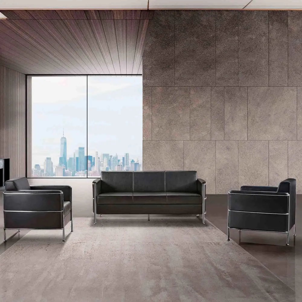 Sort lædersofa, 3 personer, Boston, kunstlæder, med blank stel, (1 stk.) - Sort lædersofa, 3 personer, Boston.webp