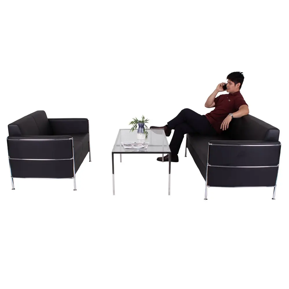 Sort lædersofa, 2 personer, kunstlæder, Boston, med blank stel, (1 stk.) - 2 personers lædersofa Boston.webp