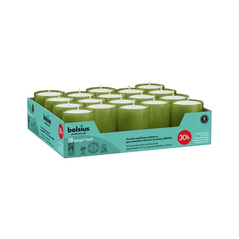 Fyrfadslys, Relight, 30t, olivengrøn, Bolsius, (pk á 18 stk.) - Bolsius ReLight lys olivengrøn.webp