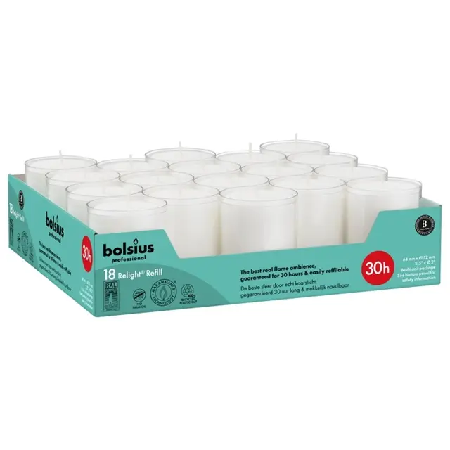 Fyrfadslys, Relight, 30t, klar, Bolsius, (pk á 18 stk.) - Bolsius ReLight hvid.webp