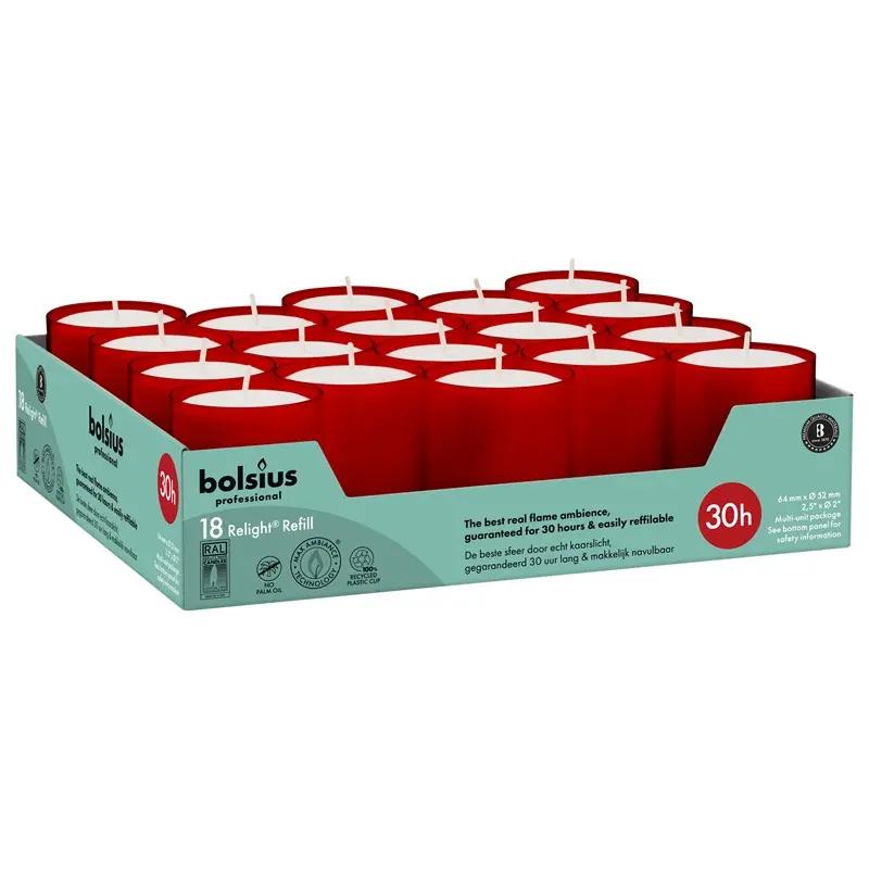 Fyrfadslys, Relight, 30t, rød, Bolsius, (pk á 18 stk.) - Bolsius ReLight rød.webp