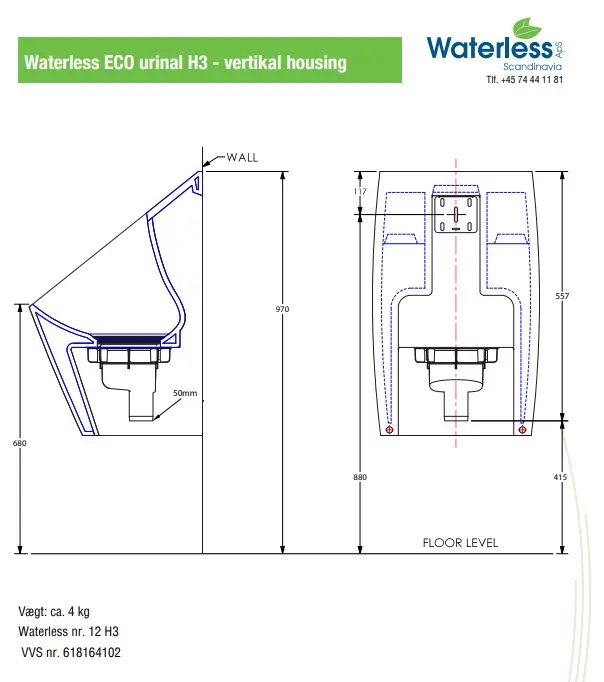 Vandfri urinal, 100% genbrugsplast, H3, grå, Waterless ECO, (1 stk.) - Waterless No 12 H3 tegning.webp