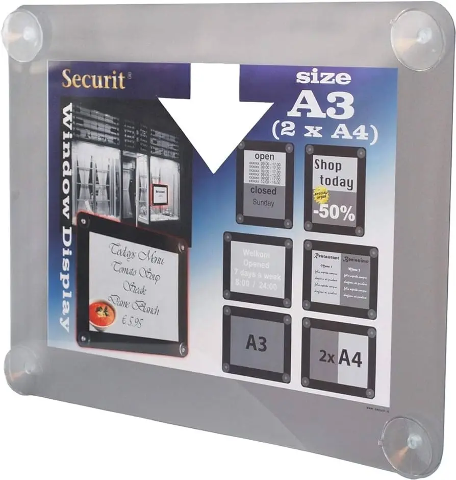 Inforamme med sugekopper, Securit, A3 dobbeltsidet, 35,6x27,1x0,3 cm, PP, grå, (1 stk.) - Securit PFW-A3-GY.webp