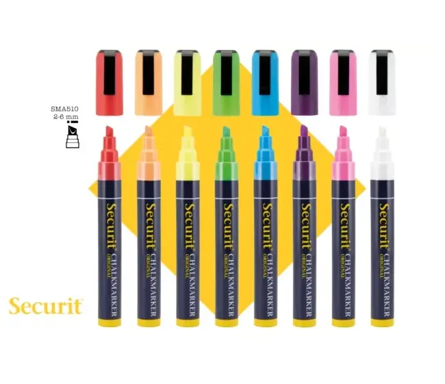 Kridtmarker med rund spids: 1-2 mm skrivebredde, Securit, Original, flydende kridt, gul/pink/orange/lilla/grøn/blå/rød, i blisterkort, (7 stk.) - Securit BLSMA100V7AS.webp