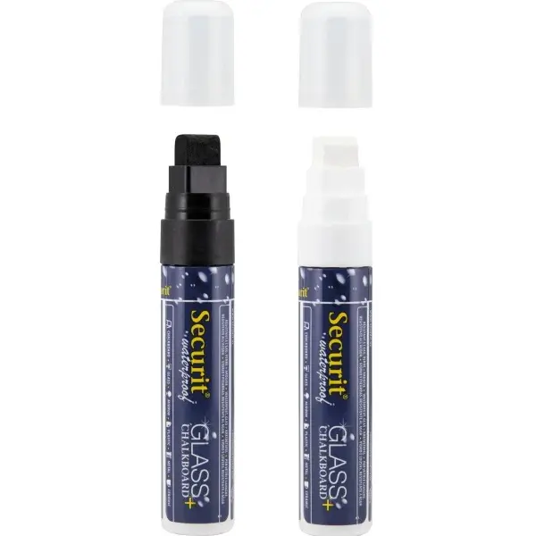 Vandfaste kridtmarkere med blokspids: 7-15 mm skrivebredde, Securit, flydende kridt, 2xsort/2xhvid, (4 stk.) - Securit SMA820 2x2.webp