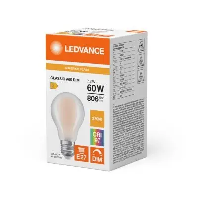 Dæmpbar LED standardpære, Ra97, E27, 806lm, 2700K, 7,2W/927 (60W), mat, LEDVANCE Parathom, (10 stk.) - LEDVANCE 4099854065231.webp