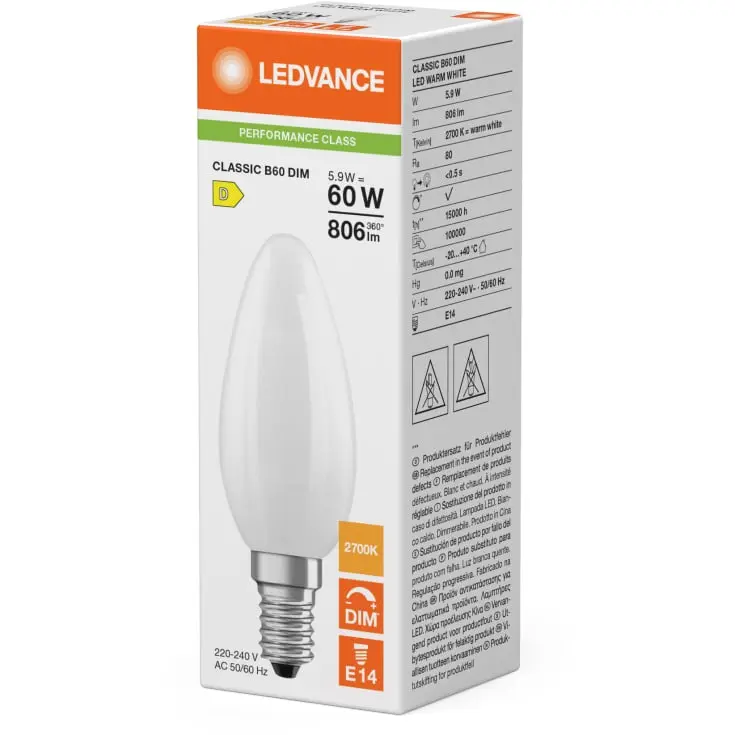 Dæmpbar LED kertepær, E14, 806lm, 2700K, 5,9W/827 (60W), mat, LEDVANCE Classic, (10 stk.) - Dæmpbar LED kertepær, E14, 806lm, 2700K, 5,9W827 (60W).webp