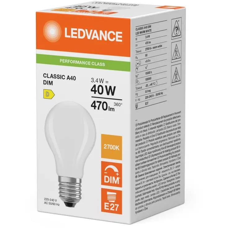 Dæmpbar LED standardpære, E27, 470lm, 2700K, 3,4W/827 (40W), mat, LEDVANCE Parathom, (10 stk.) - LEDVANCE Classic A40 DIM.webp
