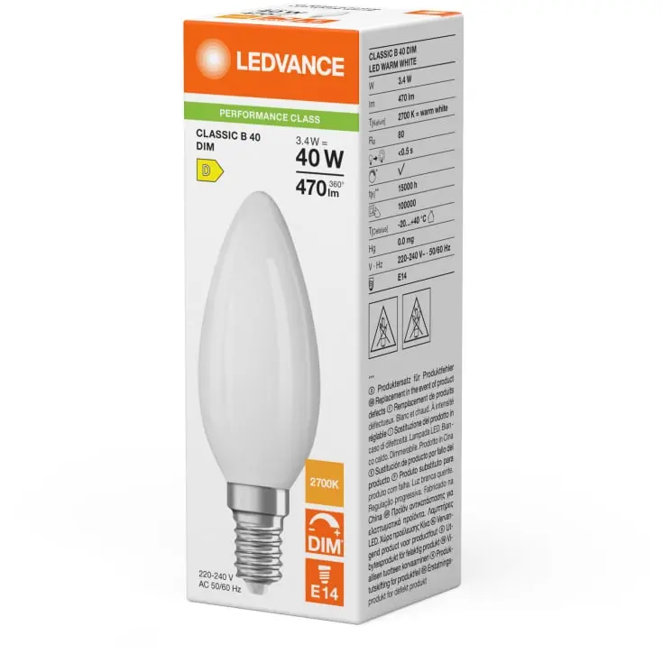 Dæmpbar LED kertepær, E14, 470lm, 2700K, 3,4W/827 (40W), mat, LEDVANCE Classic, (10 stk.) - LEDVANCE Classic B 40 DIM.webp