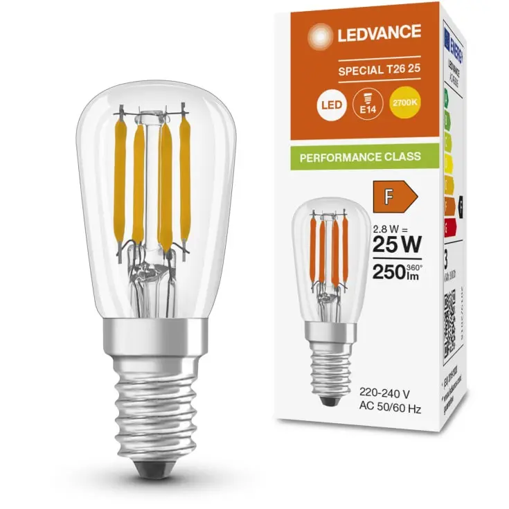LED 300° T26 køleskabspære, E14, 250lm, 2700K, 2,8W/827, klar, LEDVANCE Parathom, (20 stk.) - LEDVANCE Special T26 25.webp