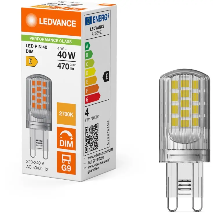 Dæmpbar LED stiftpære, G9, 470lm, 2700K, 4W/827 (30W), klar, LEDVANCE, (20 stk.) - LEDVANCE LED PIN 40 DIM.webp