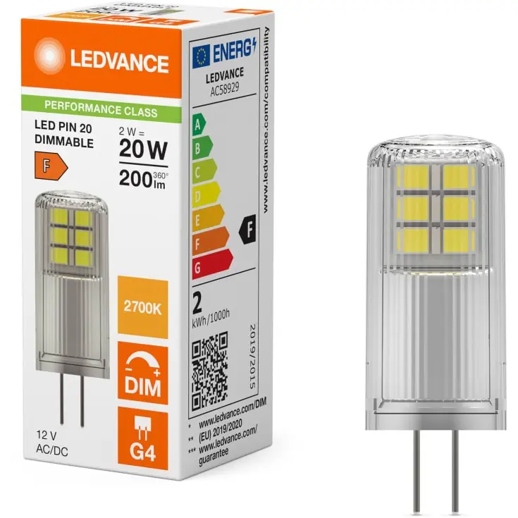 Dæmpbar LED stiftpære, G4, 200lm, 2700K, 2W/827 (20W), klar, LEDVANCE, (20 stk.) - LEDVANCE LED PIN 20 DIM.webp