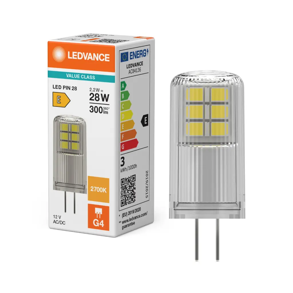 LED stiftpære, G4, 300lm, 2700K, 2,2W/827 (30W), klar, LEDVANCE, (20 stk.) - LEDVANCE AC84136 LED PIN 28.webp