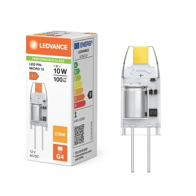 LED stiftpære, G4, 100lm, 2700K, 1W/827 (10W), klar, LEDVANCE Parathom, (20 stk.) - LEDVANCE LED PIN Micro 10 320° P 1W 827 Clear G4.webp