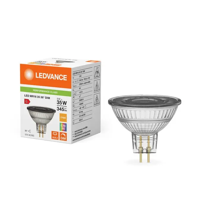 Dæmpbar LED stiftpære, Ra90, GU5.3, 350lm, 2700K, 5W/927 (35W), LEDVANCE Parathom, (10 stk.) - LED MR16 35 36° DIM P 5W 927 GU5.3.webp