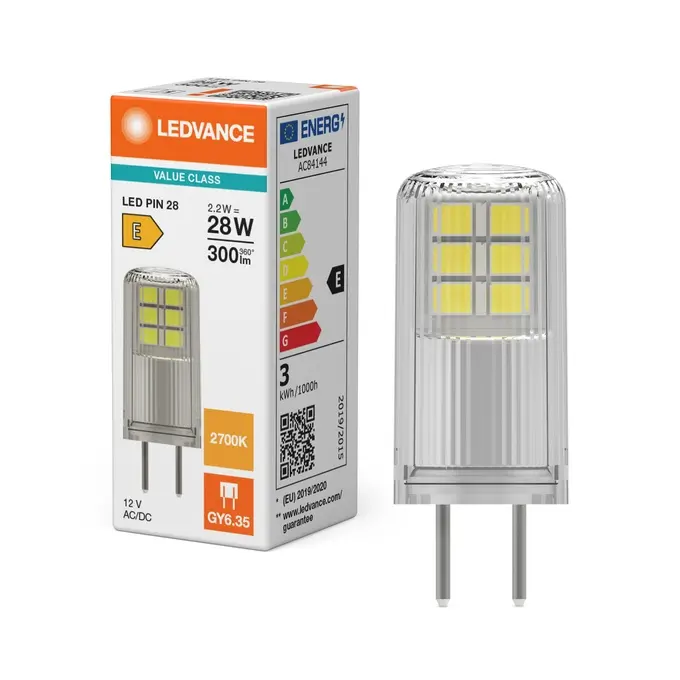 LED stiftpære, GY6.35, 300lm, 2700K, 2,2W/827 (30W), klar, LEDVANCE, (20 stk.) - LED PIN 28 320° P 2.2W 827 Clear GY6.35.webp