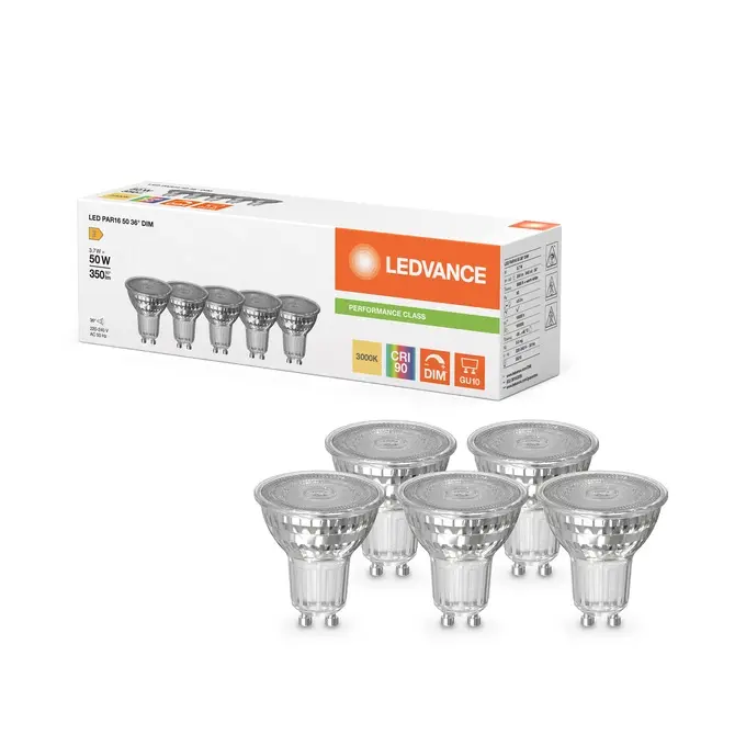 Dæmpbar LED 36° spotpære, Ra90, GU10, 350lm, 3000K, 3,7W/930 (50W), LEDVANCE Parathom, 5-pak, (10 stk.) - LED PAR16 50 36° DIM P 3.7W 930 GU10 - 5pak.webp