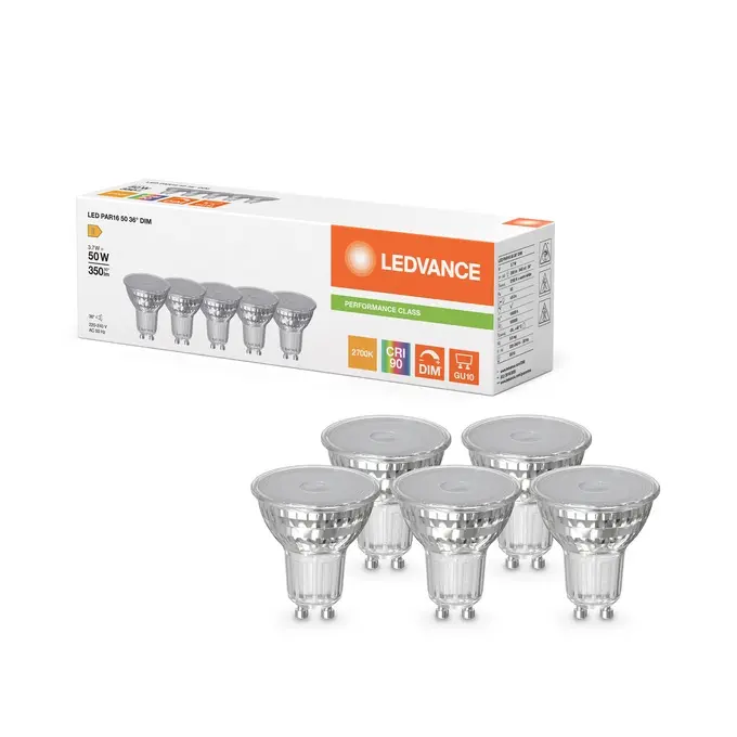 Dæmpbar LED 36° spotpære, Ra97, GU10, 230lm, 2700K, 2,5W/927 (35W), LEDVANCE, (10 stk.) - LED PAR16 50 36° DIM P 3.7W 927 GU10.webp