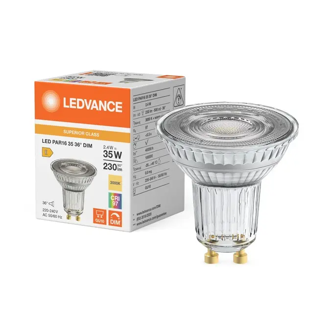 Dæmpbar LED 36° spotpære, Ra97, GU10, 230lm, 3000K, 2,5W/930 (35W), LEDVANCE, (10 stk.) - LED PAR16 35 36° DIM S 2.4W 930 GU10.webp