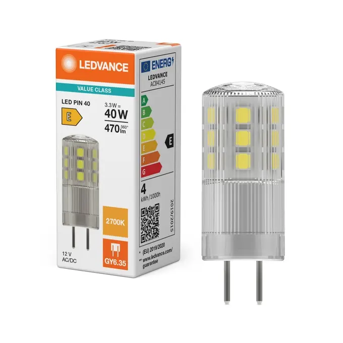LED stiftpære, GY6.35, 475lm, 2700K, 3,3W/827 (40W), klar, LEDVANCE, (20 stk.) - LED PIN 40 320° P 3.3W 827 Clear GY6.35.webp
