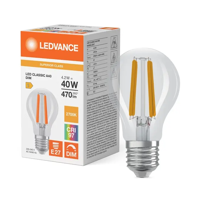 Dæmpbar LED standardpære, Ra97, E27, 470lm, 2700K, 4,2W/927 (40W), klar, LEDVANCE Parathom, (10 stk.) - LED Classic A 40 Filament DIM CRI97 S 4.2W 927 Clear E27.webp