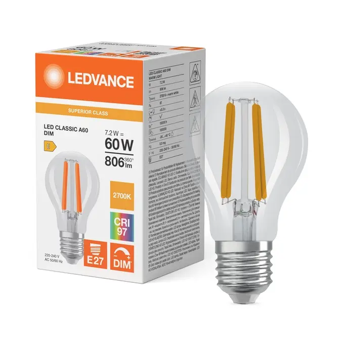 Dæmpbar LED standardpære, Ra97, E27, 806lm, 2700K, 7,2W/927 (60W), klar, LEDVANCE Parathom, (10 stk.) - LED Classic A 60 Filament DIM CRI97 S 7.2W 927 Clear E27.webp
