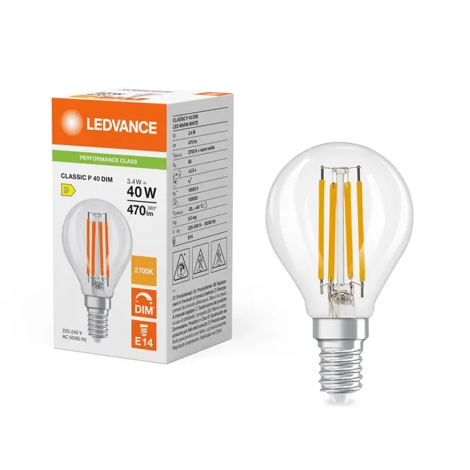 Dæmpbar LED kronepære, E14, 470lm, 2700K, 3,4W/827 (40W), klar, LEDVANCE Parathom, (10 stk.) - LED Classic P 40 Filament DIM P 3.4W 827 Clear E14.webp
