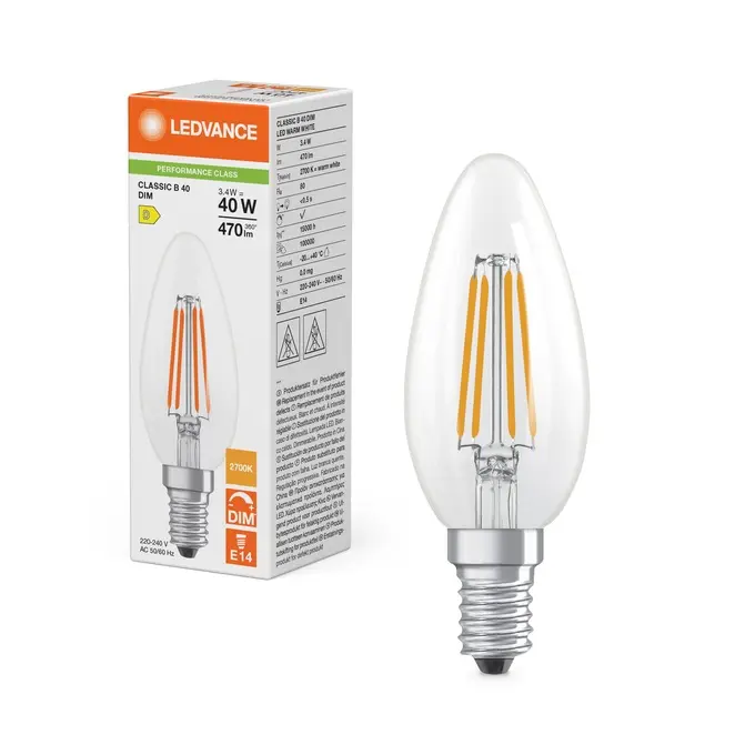 Dæmpbar LED kertepær, E14, 470lm, 2700K, 3,4W/927 (40W), klar, LEDVANCE Classic, (10 stk.) - LED Classic B 40 Filament DIM P 3.4W 827 Clear E14.webp