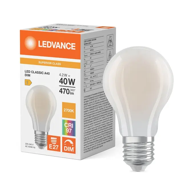 Dæmpbar LED standardpære, Ra97, E27, 470lm, 2700K, 4,2W/927 (40W), mat, LEDVANCE Parathom, (10 stk.) - LED Classic A 40 Filament DIM CRI97 S 4.2W 927 Frosted E27.webp