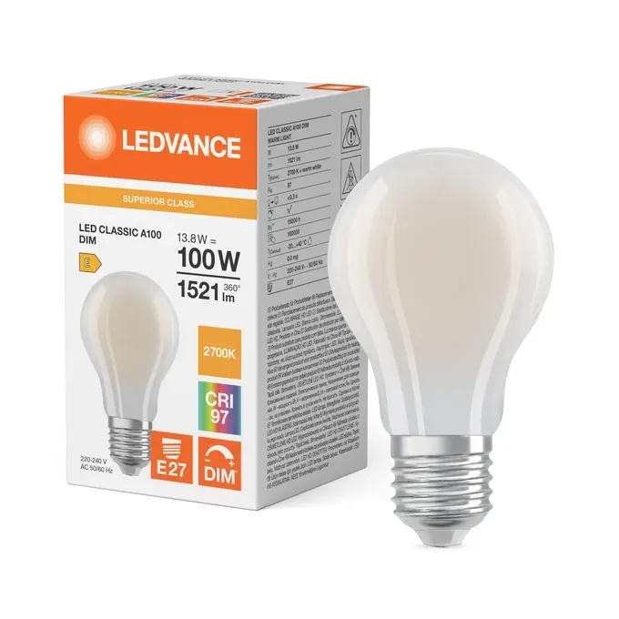 Dæmpbar LED standardpære, Ra97, E27, 1521lm, 2700K, 13,8W/927 (100W), mat, LEDVANCE Parathom, (10 stk.) - LED Classic A 100 Filament DIM CRI97 S 13.8W 927 Frosted E27.webp