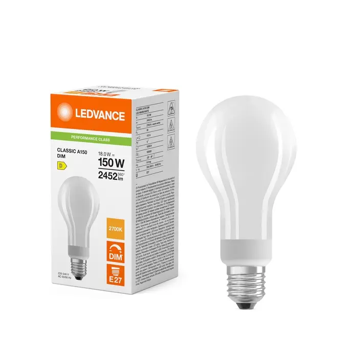 Dæmpbar LED standardpære, E27, 2700K, 2452lm, 18W/827 (150W), mat, LEDVANCE Parathom, (10 stk.) - LED Classic A 150 Filament DIM P 18W 827 Frosted E27.webp