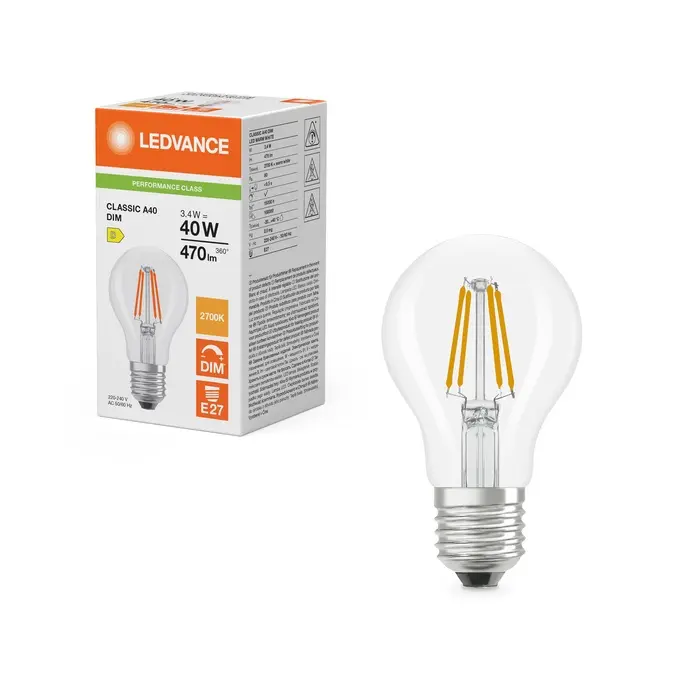 Dæmpbar LED standardpære, E27, 470lm, 2700K, 3,4W/827 (40W), klar, LEDVANCE Parathom, (10 stk.) - LED Classic A 40 Filament DIM P 3.4W 827 Clear E27.webp