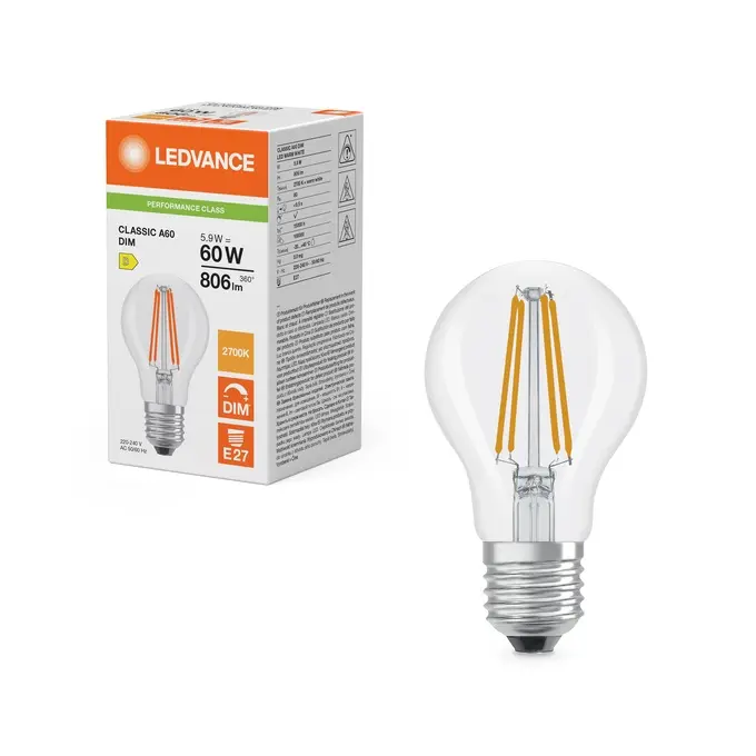 Dæmpbar LED standardpære, E27, 806lm, 2700K, 5,9W/827 (60W), klar, LEDVANCE Parathom, (10 stk.) - LED Classic A 60 Filament DIM P 5.9W 827 Clear E27.webp