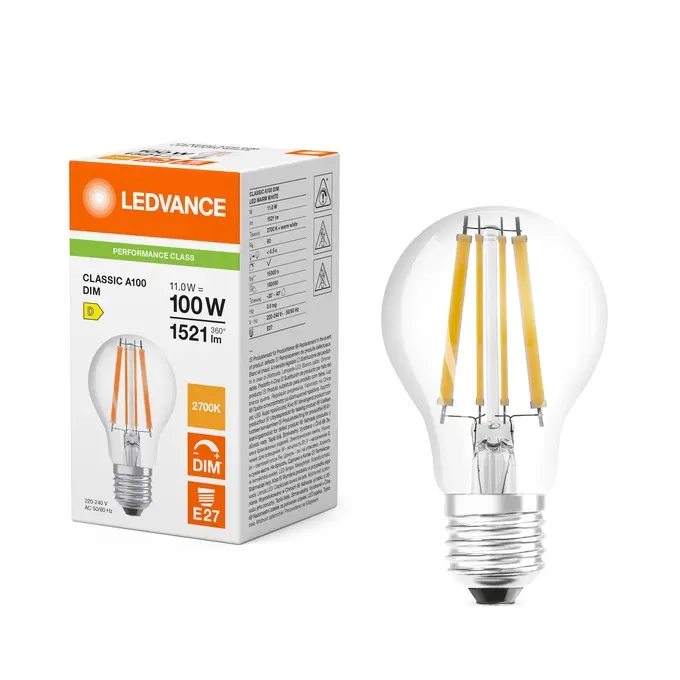 Dæmpbar LED standardpære, E27, 2700K, 1521lm, 11W/827 (100W), klar, LEDVANCE Parathom, (10 stk.) - LED Classic A 100 Filament DIM P 11W 827 Clear E27.webp