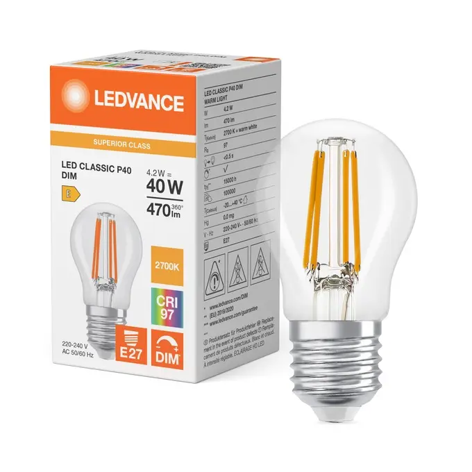 Dæmpbar LED kronepære, Ra97, E27, 470lm, 2700K, 4,2W/927 (40W), klar, LEDVANCE Parathom, (10 stk.) - LED Classic P 40 Filament DIM CRI97 S 4.2W 927 Clear E27.webp