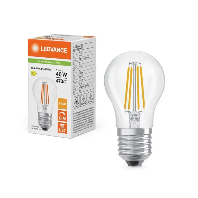 Dæmpbar LED kronepære, E27, 470lm, 2700K, 3,4W/827 (40W), klar, LEDVANCE Parathom, (10 stk.) - LED Classic P 40 Filament DIM P 3.4W 827 Clear E27.webp