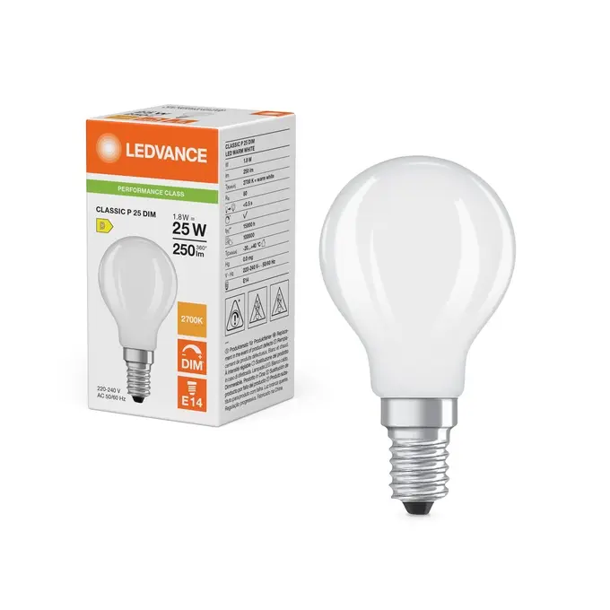 Dæmpbar LED kronepære, E14, 250lm, 2700K, 1,8W/827 (25W), mat, LEDVANCE Parathom, (10 stk.) - LED Classic P 25 Filament DIM P 1.8W 827 Frosted E14.webp