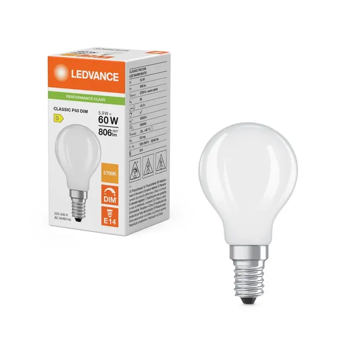 Dæmpbar LED kronepære, E14, 806lm, 2700K, 5,9W/827 (60W), mat, LEDVANCE Parathom, (10 stk.) - LED Classic P 60 Filament DIM P 5.9W 827 Frosted E14.webp
